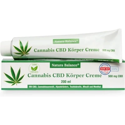 Abbildung von Natura Balance Körpercreme 200ml Cannabis Creme mit 900mg CBD Teufelskralle Alpenkräuter kühlend, kann wohltuend wirken für Muskeln und Gelenke