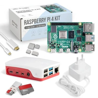Abbildung von Raspberry Pi 4 4GB Starter Kit USB C Netzteil 15W Gehäuse 64GB SD Karte 4k Micro HDMI Kabel Kühlkörper Set