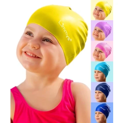 Abbildung von Limmys Premium Badekappe Kinder, badehaube Kinder Langes und kurzes Haar Schwimmkappe für Mädchen Jungen Hochwertige Qualität, Dehnbare &amp; Bequeme (S, Gelb)