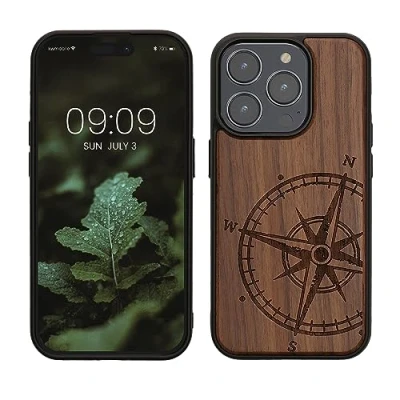 Abbildung von kwmobile Hülle kompatibel mit iPhone 15 Pro Holz Case Handy Cover TPU Handyhülle in Dunkelbraun Kompass Vintage