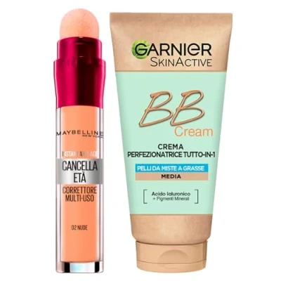 Abbildung von Garnier Skinactive BB Cream feuchtigkeitsspendende Gesichtscreme Perfektionator All in 1 SPF25 Mittlere Tönung + Altersentferner, Mehrzweckflüssigkeit 02 Nude mit Schwammapplikator
