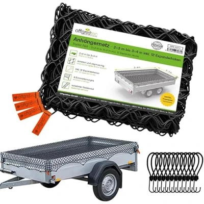 Abbildung von Offgridtec Anhänger Ladungssicherungsnetz 1x2m auf 2x3m, Dehnbar &amp; Feinmaschig, Inkl. 8 Spannhaken, Eckmarkierungen, Verstärktes Gummiseil, Ladungssicherung für Anhänger, Gartenabfälle, Baumaterialien