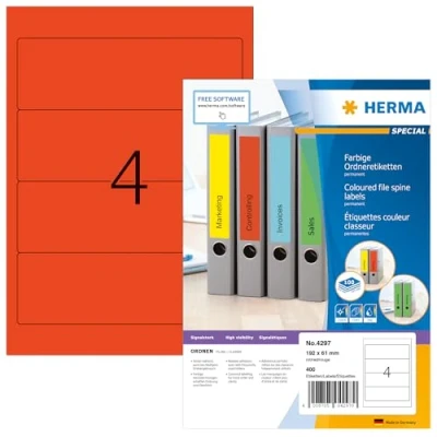 Abbildung von HERMA 4297 Ordnerrücken Etiketten kurz breit, 100 Blatt, 192 x 61 mm, 4 pro A4 Bogen, 400 Stück, selbstklebend, bedruckbar, blickdicht, blanko Papier Ordneretiketten Rückenschilder Aufkleber, rot