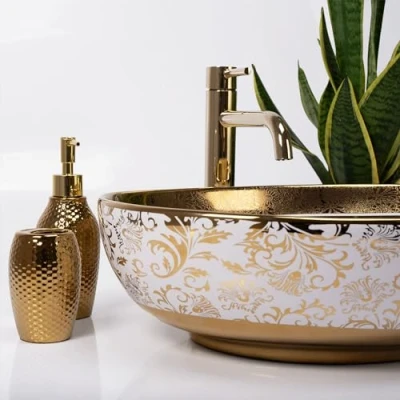 Abbildung von wohnwerk.idee Aufsatzwaschbecken Waschbecken Schwarz Weiß Türkis Gold Orientalisch Margot