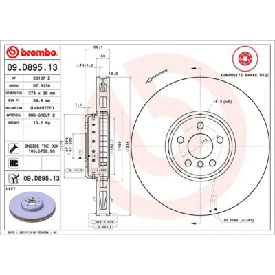 Abbildung von BREMBO 09.D895.13 Bremsscheibe 374 36 5 innenbelüftet, Verbundbremsscheibe beschichtet hochgekohlt mit Schrauben BMW: Touring, 6 Gran Turismo