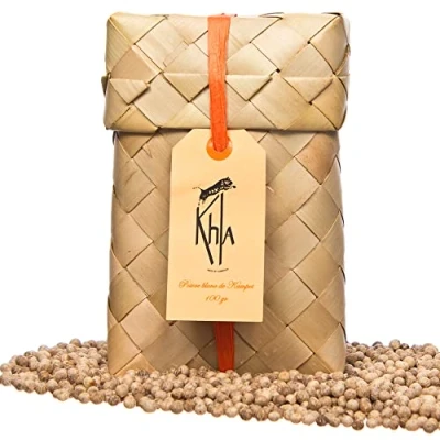 Abbildung von Khla Kampot Pfeffer Weiß Bio 100g Weißer Pfefferkörner Ganz Biologisch Traditionelle Geschenk Palmblatt Grand Cru Direkt vom Erzeuger Weiße Körner Ganze für Mühle Herkunft Kambodscha