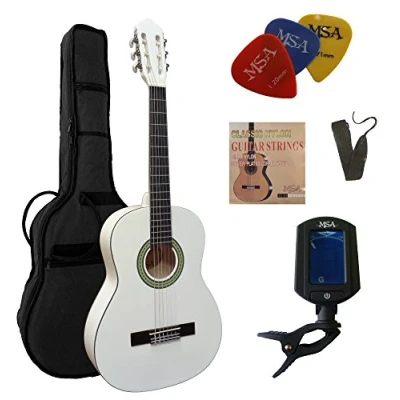 Abbildung von 3/4 GITARRE KONZERTGITARRE IM SET CLASSIC WEIß DECKE LINDENHOLZ TASCHE BAND SAITEN 3xPIK STIMMGERÄT ET33B C3