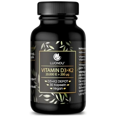 Abbildung von Luondu Vitamin D3 20.000 I.E + K2 MK7 200 mcg Depot (Hochdosiert &amp; Vegan) hochdosiert I Ohne Zusätze, Hergestellt in DE (30 Kapseln)