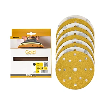 Abbildung von Mirka Gold Universal Schleifpapier Ø 150mm Schleifscheiben Klett 15 Loch, Korn P60, 10 Stk / Zum Schleifen von Gips, Spachtel, Spanplatten, Holz, Lack