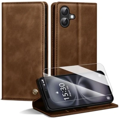 Abbildung von Handyhülle für iPhone 16 Hülle,Premium Lederhülle [Mit 1 Stück Panzer Schutz Glas] Magnet Kartenfach Klapphülle Schutzhülle 16,Braun