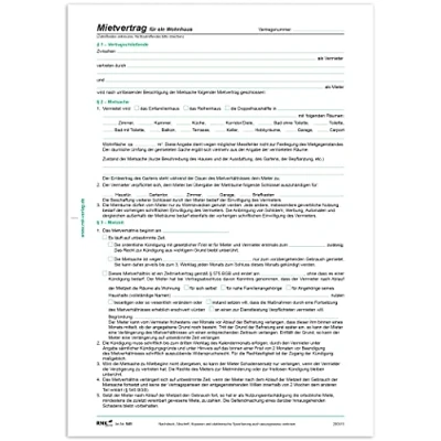 Abbildung von RNKVERLAG 545 Vertrag für die Vermietung eines Hauses, 8 Seiten, gefalzt auf DIN A4, mit Wohnungsgeberbescheinigung, 50 Stück