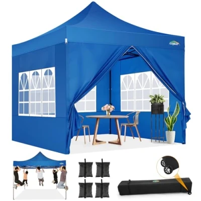 Abbildung von COBIZI pavillon faltpavillon 3x3 wasserdicht stabil Winterfest,Outdoor faltbar partyzelt，gartenpavillon mit 4 Seitenteilen und Sandsack Laufradtasche, Blau