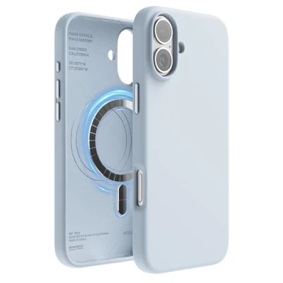 Abbildung von elago Magnetisch Silikon Hülle Kompatibel mit iPhone 16 Plus 6,7 Zoll, Allen MagSafe Zubehör Eingebaute Magnete, Soft Grip Silikon, Stoßfest (Hellblau)
