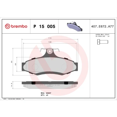 Abbildung von BREMBO P 15 005 Bremsbelagsatz exkl. Verschleißwarnkontakt mit Bremssattelschrauben ohne Zubehör CHEVROLET: Nubira Kombi, Limousine