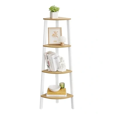Abbildung von VASAGLE Eckregal, Bücherregal mit 4 Ebenen, Leiterregal, Aufbewahrungsregal, Pflanzenregal für Wohnzimmer, Industrial Design, Stahlrahmen, natureichenfarben mattweiß LLS034Y70