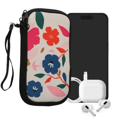Abbildung von kwmobile Handytasche für Smartphones M 5,5&quot; Neopren Handy Tasche Hülle Cover Case Schutzhülle Blumen Farbenfroh Pink Dunkelblau Creme 15,2 x 8,3 cm Innenmaße