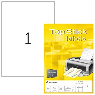 Abbildung von TopStick 8720 Universal Etiketten, 100 Blatt, 210 x 297 mm, 1 pro A4 Bogen, Stück, selbstklebend, bedruckbar, matt, blanko Papier Klebeetiketten Aufkleber, weiß