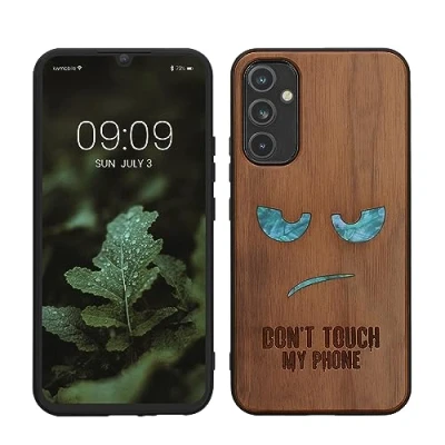 Abbildung von kwmobile Hülle kompatibel mit Samsung Galaxy A34 5G Holz Case Handy Cover TPU Handyhülle in Dunkelbraun Perlmut Nicht Anfassen