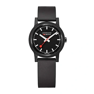 Abbildung von Mondaine Essence MS1.32120.RB Herren und Damen Uhr 32mm Bahnhofsuhr in Schwarz schwarzem Armband aus recycelten Rohstoffen 30m Wasserdicht nachhaltig Hergestellt der Schweiz
