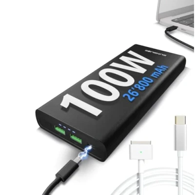 Abbildung von Sunslice Externer Akku für Laptop UND Telefon. Powerbank 26800mAh USB C 100W. Kompatibel mit MacbookAir Magsafe2 Power Input. Inklusive Kabel