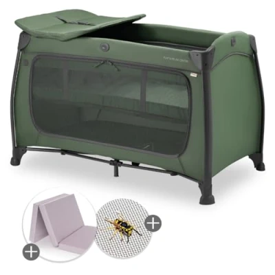 Abbildung von Hauck Baby Reisebett Play N Relax Center Set mit Komfort Matratze und Insektenschutz Babyreisebett Neugeborenen Einsatz, Wickelauflage Tasche (höhenverstellbar &amp; faltbar) Dark Green