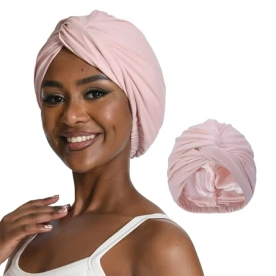 Abbildung von Hat Hut Silk Seidenhaube zum Schlafen Satin Turban für Frauen Bonnet Schlafmütze Locken Verstellbarer Kopf Wrap (Rosa)