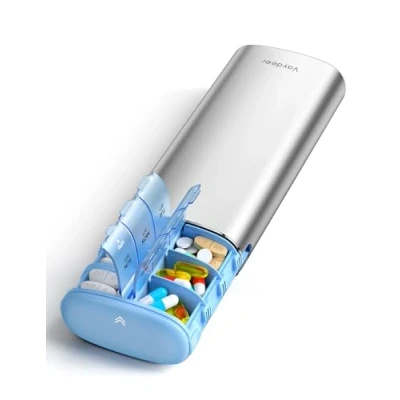 Abbildung von VAYDEER Tablettenbox 7 Tage [LFGB zertifiziert] [Trockensicher] [Kindersicher] [Lichtgeschützt] [Aluminium] Reise Pillendose Tabletten Organizer für 2x täglich Medikamentenbox, morgens &amp; abends Silber