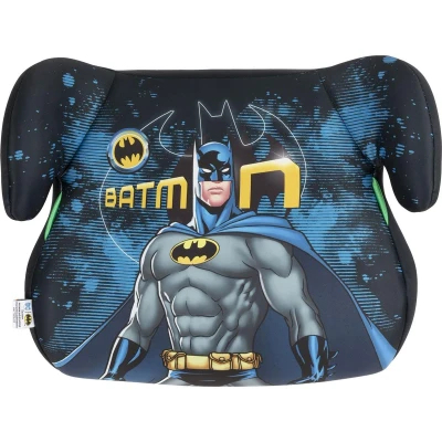 Abbildung von Dc Comics Batman KindSitzerhöhung i Size ECE R129. Autokindersitz für die Sicherheit von Kindern mit Körpergröße 125 150 cm. Sitzerhöhung Grafiken Batman, Sitz auf blauem Hintergrund.