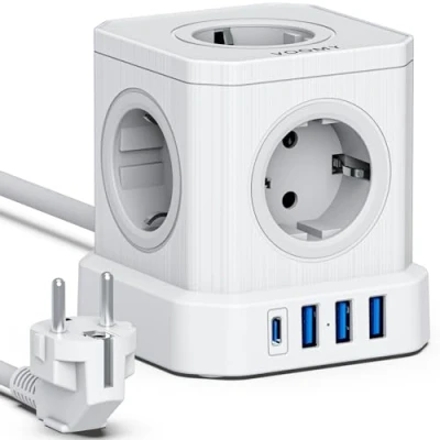 Abbildung von VOOMY 9 in 1 Steckdosenwürfel mit USB und Typ C, 5 Fach Steckdosenleiste, 3 Anschlüsse, 4000W Mehrfachsteckdose Schalter, Überspannungsschutz, 2M Kabel, ideal für Büro Werkstatt, Weiß