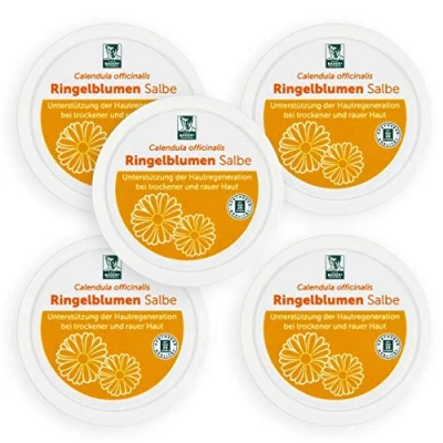 Abbildung von BADERs Ringelblumen Salbe aus der Apotheke. Calendula officinalis mit wertvollen Pflanzenextrakten 5 x 18 ml