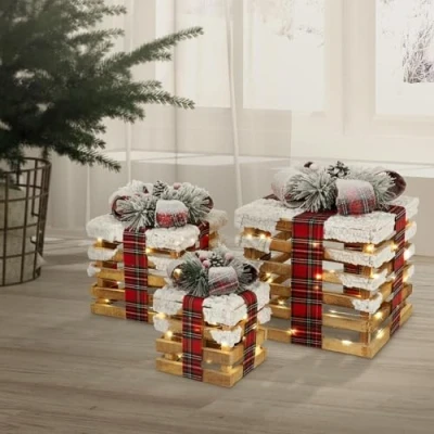 Abbildung von ECD Germany 3er Set LED Geschenkboxen, Braun, Holz geschneit, batteriebetrieben mit Timer, Weihnachtsdeko Weihnachten Geschenk Beleuchtet Weihnachtsbaum Dekoration Weihnachtsgeschenkbox Leuchtkästen