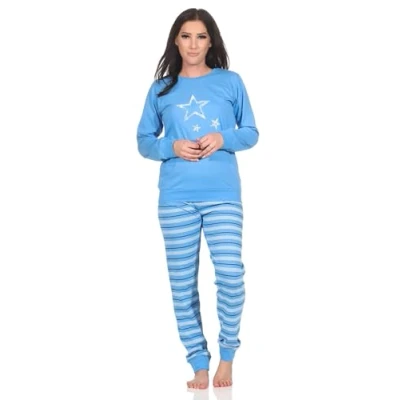 Abbildung von Normann Damen Langarm Schlafanzug Pyjama mit Bündchen in Sterne Optik, Farbe:blau, Größe:40 42