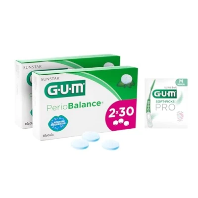 Abbildung von GUM PerioBalance Lutschtabletten/Nahrungsergänzungsmittel für das Zahnfleisch/Enthält patentierte Bakterium Limosilactobacillus reuteri Prodentis/angenehmer Minzgeschmack /2x30 (+1 Gratisprobe)