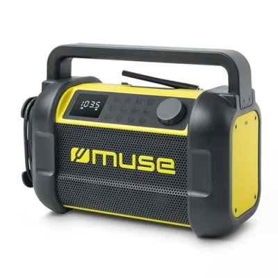 Abbildung von Muse M 928 BTY Baustellenradio, robust, Staub und spritzwassergeschützt (IP64), mit Bluetooth UKW Radio, integriertem Ladegerät USB C Anschluss, schwarz gelb