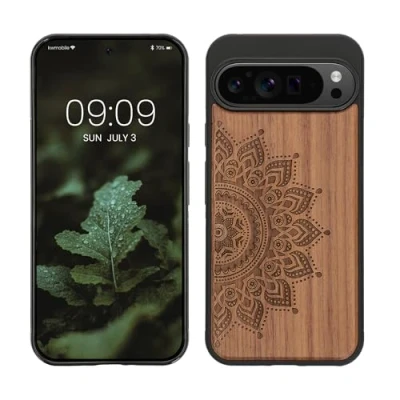 Abbildung von kwmobile Hülle kompatibel mit Google Pixel 9 Pro XL Holz Case Handy Cover TPU Handyhülle in Dunkelbraun Aufgehende Sonne