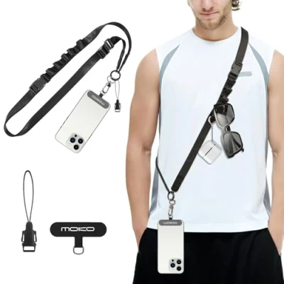 Abbildung von MoKo Universal Phone Lanyard, Nylon Verstellbarer Handy Crossbody Gurt Abnehmbare Frauen &amp; Männer Lanyards um den Hals mit Patches für iPhone, die meisten Smartphones, Schwarz