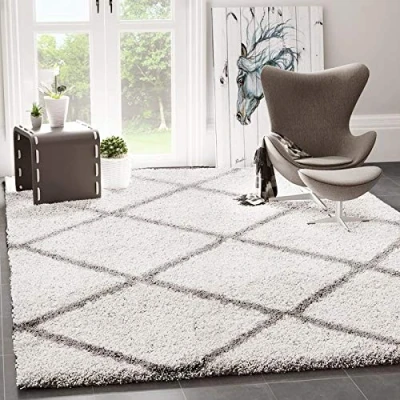 Abbildung von VIMODA Hochflor Teppich Wohnzimmer Schlafzimmer Küche Shaggy Skandinavisch Rautenmuster, Maße:120x170 cm