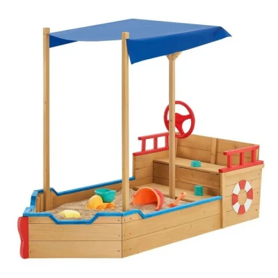 Abbildung von Juskys Sandkasten Käpt&#039;n Pit, Piratenschiff aus Holz, mit Bodenplane, Stauraum und Sitzbank