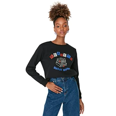 Abbildung von Trendyol Women&#039;s Crew Neck with Slogan Regular Sweatshirt, Black, XS