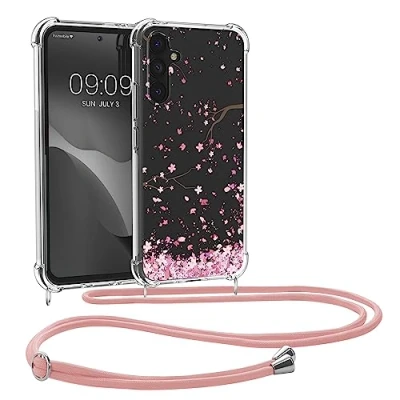 Abbildung von kwmobile Necklace Case kompatibel mit Samsung Galaxy A34 5G Hülle Silikon Cover Handykette Rosa Dunkelbraun Transparent Kirschblütenblätter