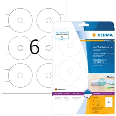 Abbildung von HERMA 8619 Mini CD Etiketten inkl. Zentrierhilfe blickdicht, 10 Blatt, Ø 78 mm, 6 pro A4 Bogen, 60 Stück, selbstklebend, bedruckbar, matt, blanko Papier Klebeetiketten Aufkleber, weiß