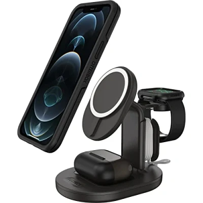 Abbildung von OtterBox kabellose 3 in 1 MagSafe Ladestation, Starke Magnetische Ausrichtung und Halt für Produkte, Elegante Ladelösung iPhone, Airpods Pro Apple Watch, Schwarz