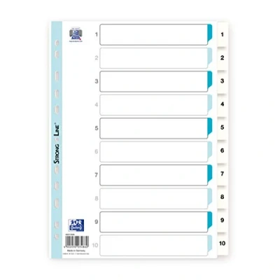 Abbildung von Oxford 400013908 Kunststoff Register Strong Line 1 10 teilig für DIN A4 Plastikregister mit beschriftbarem Deckblatt weiß Ringbuch Ordner Ring Mappe
