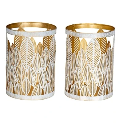 Abbildung von 2er Set Windlicht 13x18cm Weiß Gold Metall Teelichthalter Blattdekor Blumendekor Tischdeko Industrial Kerzenhalter