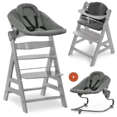 Abbildung von hauck Alpha Plus Newborn Set mit Premium Bouncer Dark Grey Baby Holz Hochstuhl ab Geburt Liegefunktion extra flacher Aufsatz für Neugeborene &amp; Baumwoll Sitzpolster Grau