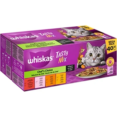 Abbildung von WHISKAS 1+ Katzenfutter nass ab 1 Jahr 40x85g Portionsbeutel Katzennassfutter in Sauce Hochwertiges Nassfutter für Katzen Großpackung