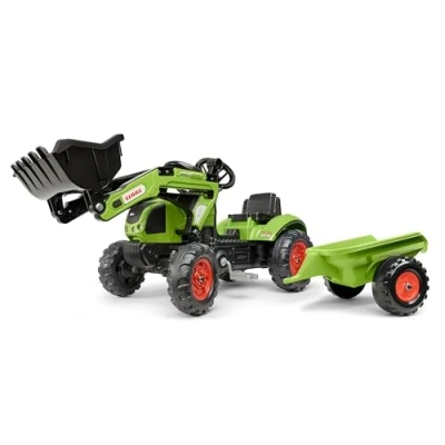 Abbildung von Falk 2040ML Claas Tretbaggerlader mit Anhänger, Tretbagger, Kinder Trettraktor Lenkrad und Hupe, für von 2 bis 5 Jahren, Aufsitzspielzeug Grün