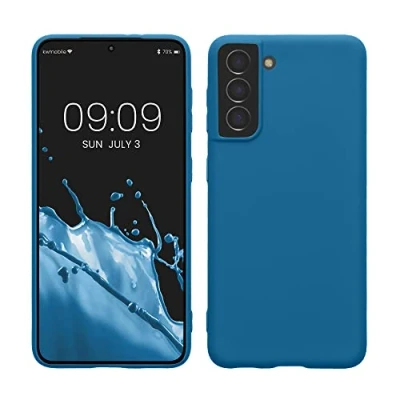 Abbildung von kwmobile Hülle kompatibel mit Samsung Galaxy S21 weiches TPU Silikon Case Cover geeignet für kabelloses Laden Blue Reef