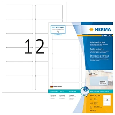 Abbildung von HERMA 8805 Adressetiketten für Inkjet Drucker, 100 Blatt, 88,9 x 46,6 mm, 12 pro A4 Bogen, 1200 Stück, selbstklebend, bedruckbar, matt, blanko Adressaufkleber Etiketten Tintenstrahldrucker, weiß