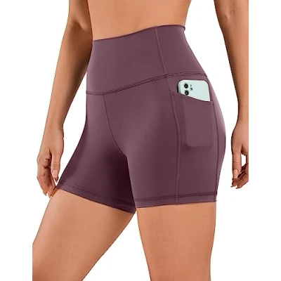 Abbildung von CRZ Yoga Naked Feeling Damen Kurze Leggings High Waist Radlerhose Fitness Sporthose mit Taschen 10cm Hellviolett 38